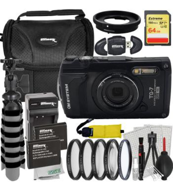 OM SYSTEM Tough TG-7 Digital Camera Bundle (Black) - Includes: 64GB Extreme Memory Card, 2x Replacement Batteries & More (25pc Bundle)