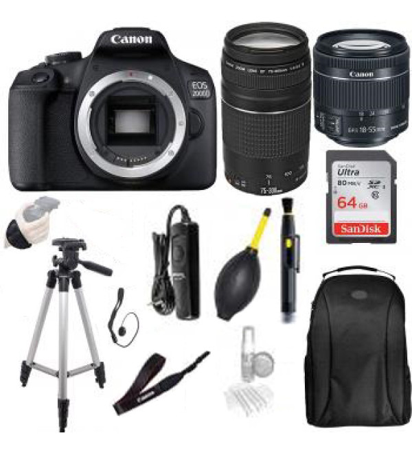 Canon EOS 2000D (Rebel T7) Digital SLR Camera w/ 18-55MM IS II Lens Kit (Black) and Canon EF 75-300MM Lens Professional Accessory Bundle