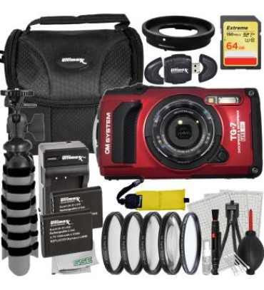 OM SYSTEM Tough TG-7 Digital Camera Bundle (Red) - Includes: 64GB Extreme Memory Card, 2x Replacement Batteries & More (25pc Bundle)