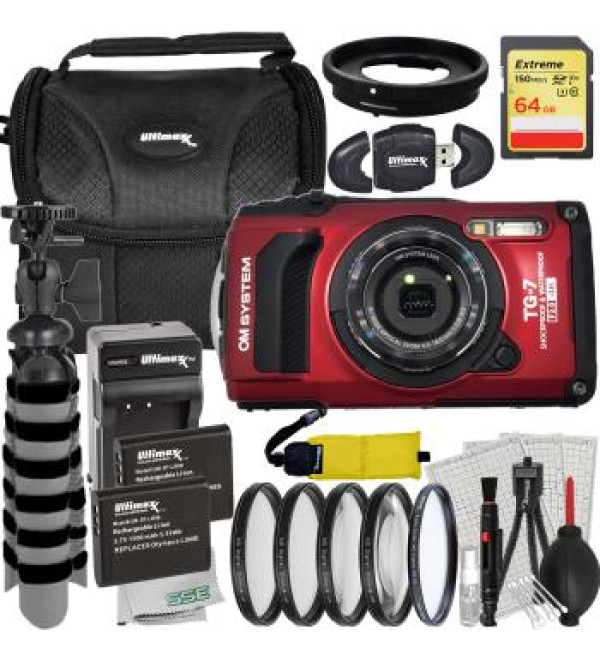 OM SYSTEM Tough TG-7 Digital Camera Bundle (Red) - Includes: 64GB Extreme Memory Card, 2x Replacement Batteries & More (25pc Bundle)