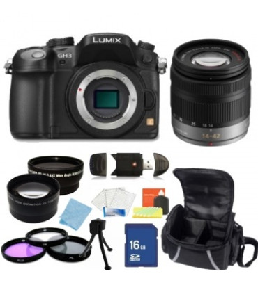 Panasonic Lumix DMC GH3 16.05 MP Digital camera  Black with G Vario 14 42mm f/3.5  5.6 Asph. / MEGA O.I.S. Lens  + Accessory Bundle