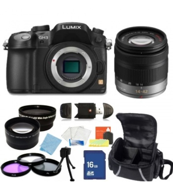 Panasonic Lumix DMC GH3 16.05 MP Digital camera  Black with G Vario 14 42mm f/3.5  5.6 Asph. / MEGA O.I.S. Lens  + Accessory Bundle