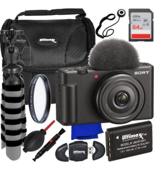 Sony ZV-1F Camera Bundle (Black) - Includes: 64GB Ultra Memory Card, Extended Life Replacement Battery (1600 mAh), Protective UV Filter & More (15pc Bundle)