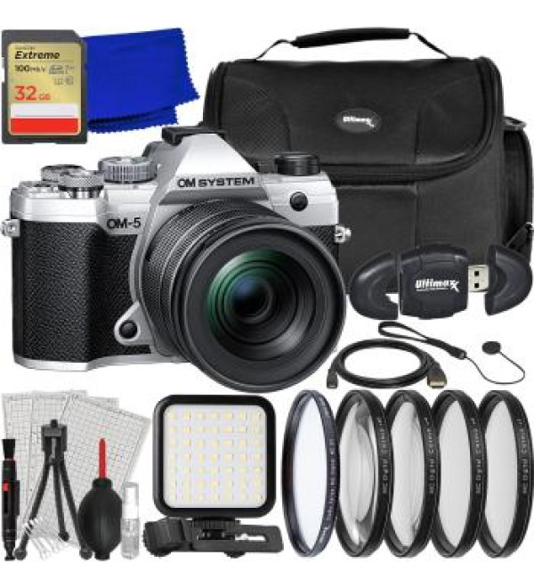 Olympus OM-5 Camera with 12-45mm Lens Bundle (Silver) - Includes: 32GB Extreme Memory Card, 4PC Macro Close-Up Filter Kit, LED Light Kit & More (26pc Bundle)