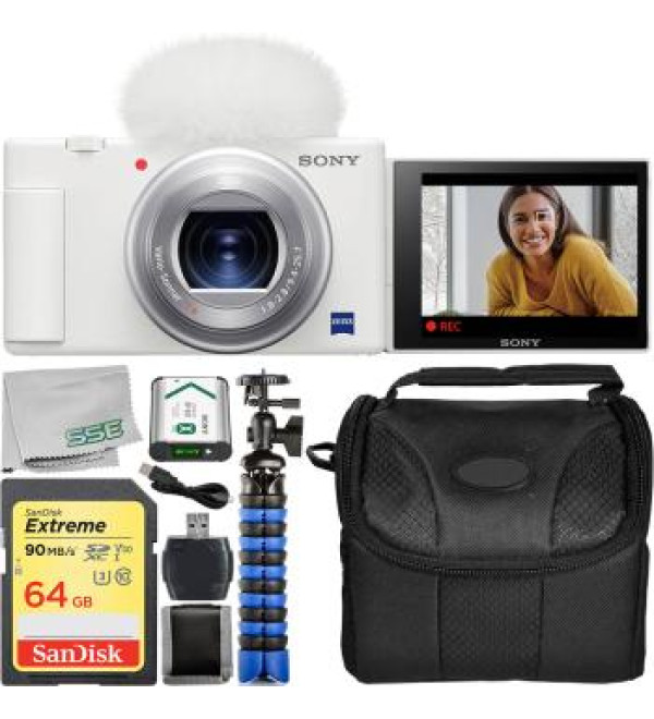 Sony ZV-1 Digital Camera (White) With Starter Vlogging Kit. Includes: 64GB Extreme Memory Card, Wind Screen, Wind Screen Adapter, NP-BX1/M8 Rechargeable Lithium-Ion Battery (3.6V, 1240mAh), 12â€ Gripster Tripod, & More.