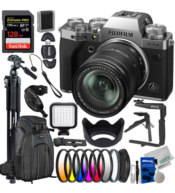 FUJIFILM X-S10 Mirrorless Camera with 18-55mm Lens + SanDisk 64GB Extreme SDXC, Extended Life Replacement Battery, Filter Kits, Universal Speedlite with LED Video Light & Much More (31pc Bundle)