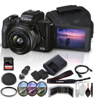 Canon EOS M50 Mark II Mirrorless Digital Camera With 15-45mm Lens (Black) + SanDisk Extreme PRO 64GB Memory Card + Extended Life Spare Battery + Case + 3PC Filter Set + HDMI Cable + More (18pc Bundle)