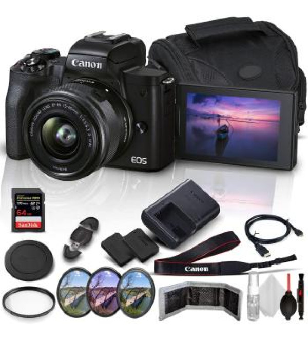 Canon EOS M50 Mark II Mirrorless Digital Camera With 15-45mm Lens (Black) + SanDisk Extreme PRO 64GB Memory Card + Extended Life Spare Battery + Case + 3PC Filter Set + HDMI Cable + More (18pc Bundle)
