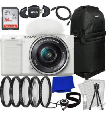 Sony ZV-E10 Mirrorless Camera with 16-50mm Lens (White) + Essential Accessory Bundle: SanDisk 64GB Ultra SDXC, 4PC Macro Close-Up Filter Kit & More (24pc Bundle)