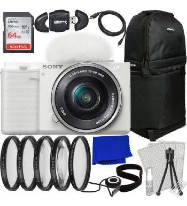 Sony ZV-E10 Mirrorless Camera with 16-50mm Lens (White) + Essential Accessory Bundle: SanDisk 64GB Ultra SDXC, 4PC Macro Close-Up Filter Kit & More (24pc Bundle)