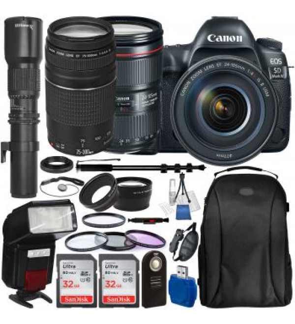 Canon EOS 5D Mark IV DSLR Camera with 24-105mm f/4L II Lens, EF 75-300mm f/4-5.6 III Lens, Ultimaxx 500mm Preset Lens and Accessory Bundle