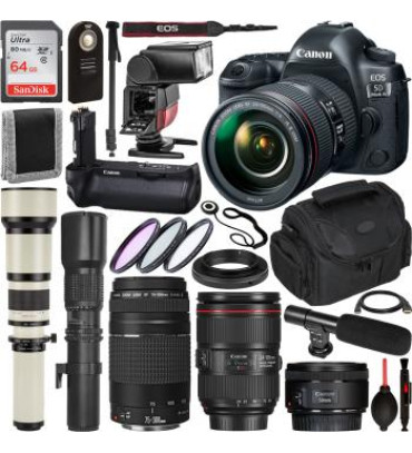 Canon EOS 5D Mark IV with 24-105mm f/4L II USM - 1483C010, Canon EF 50mm f/1.8 STM - 0570C002, and Canon EF 75-300mm f/4-5.6 II Telephoto - 6472A002, 5 Lens Professional Lens Bundle