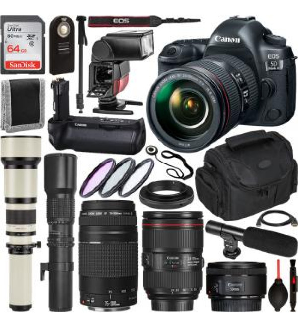 Canon EOS 5D Mark IV with 24-105mm f/4L II USM - 1483C010, Canon EF 50mm f/1.8 STM - 0570C002, and Canon EF 75-300mm f/4-5.6 II Telephoto - 6472A002, 5 Lens Professional Lens Bundle