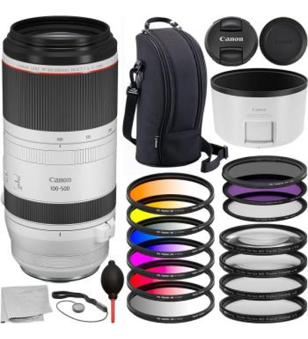 Canon RF 100-500mm f/4.5-7.1L is USM Lens with Advanced Accessory Bundle. Includes: 3PC Filter Kit, 6pc Gradual Color Filter Kit, 4pc Marco Filter Kit, Lens Hood, Lens Pouch, and Much More