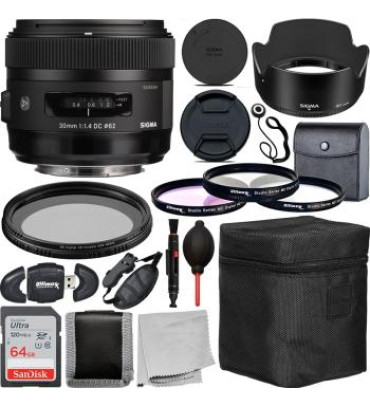 Sigma 30mm f/1.4 DC HSM Art Lens for Sony A with Advanced Accessory Bundle. Includes: 64GB Ultra SDXC Memory Card, Lens Hood, Lens Pouch, 3pc Filter Kit, Variable Neutral Density Filter, & Much More.