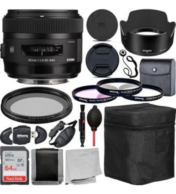 Sigma 30mm f/1.4 DC HSM Art Lens for Sony A with Advanced Accessory Bundle. Includes: 64GB Ultra SDXC Memory Card, Lens Hood, Lens Pouch, 3pc Filter Kit, Variable Neutral Density Filter, & Much More.