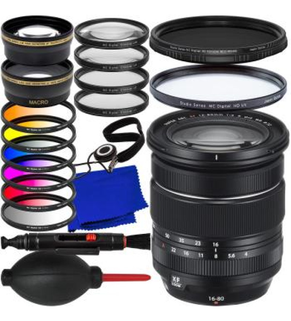 FUJIFILM XF 16-80mm f/4 R OIS WR Lens + 0.43x Wide-Angle Lens Attachment with Detachable Macro, Variable Neutral Density Filter (ND2 - ND400), Protective UV Filter & Much More(23pc Bundle)