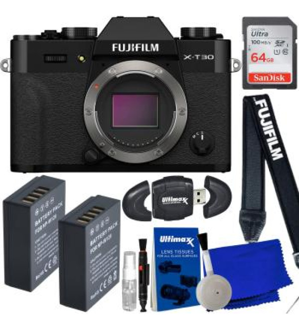 FUJIFILM X-T30 II Mirrorless Camera (Black - Body Only) + SanDisk 64GB Ultra SDXC Memory Card, Manufacturerâ€™s Accessories, 2X Replacement Batteries, High Speed Memory Card Reader & More (15pc Bundle)