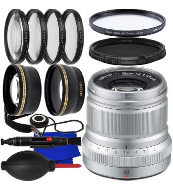 FUJIFILM XF 50mm f/2 R WR Lens (Silver) + Variable Neutral Density Filter (ND2-ND400), 2.2X Telephoto Lens Attachment, 0.43x Wide-Angle Lens Attachment with Detachable Macro & More (17pc Bundle)