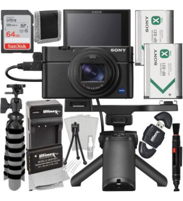 Sony Cyber-Shot DSC-RX100 VII Digital Camera with Shooting Grip Kit + SanDisk 64GB Ultra SDXC Memory Card, Extended Life Replacement Battery, Mini Flexible â€œGripsterâ€ Tripod & More (23pc Bundle)