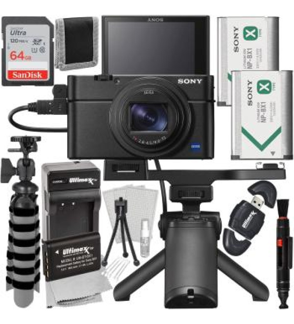 Sony Cyber-Shot DSC-RX100 VII Digital Camera with Shooting Grip Kit + SanDisk 64GB Ultra SDXC Memory Card, Extended Life Replacement Battery, Mini Flexible â€œGripsterâ€ Tripod & More (23pc Bundle)