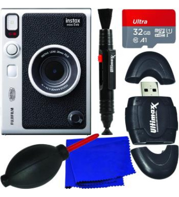 FUJIFILM INSTAX MINI EVO Hybrid Instant Camera with Starter Accessory Bundle: SanDisk 32GB Ultra microSD Memory Card, High Speed Memory Card Reader & More (8pc Bundle)