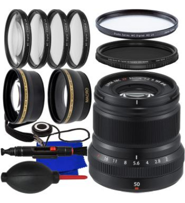 FUJIFILM XF 50mm f/2 R WR Lens (Black) + 0.43x Wide-Angle Lens Attachment with Detachable Macro, Variable Neutral Density Filter (ND2-ND400), 2.2X Telephoto Lens Attachment & More (17pc Bundle)