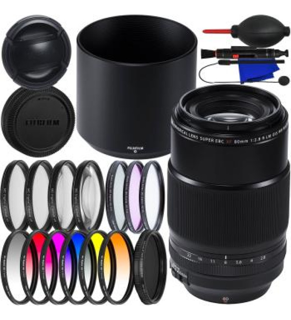 FUJIFILM XF 80mm f/2.8 R LM OIS WR Macro Lens + Variable Neutral Density Filter (ND2-ND400), 4PC Macro Close-Up Filter Kit, 6PC Gradual Color Filter Kit & Much More (24pc Bundle)