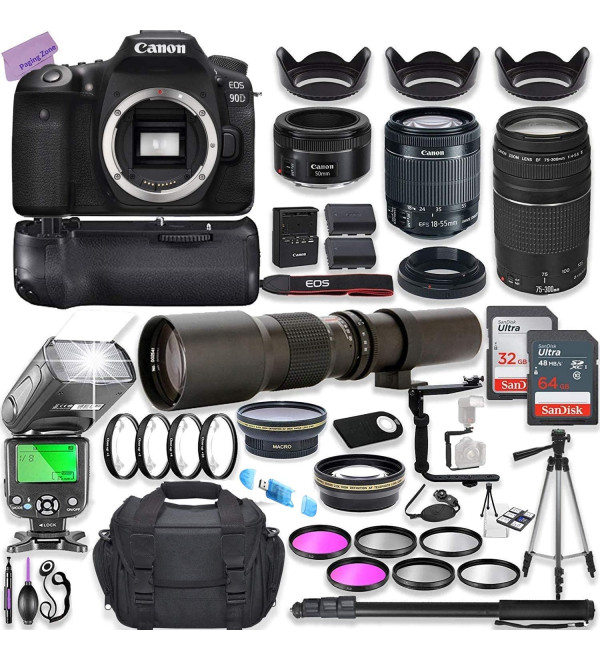 Canon EOS 90D DSLR Camera with 18-135mm & 75-300mm Lenses + Advanced Accessory Bundle: Canon 100s Sling, SanDisk 64GB Extreme SDXC, 420-800mm f/8.3-16 Telephoto Zoom Lens & Much More (29pc Bundle)