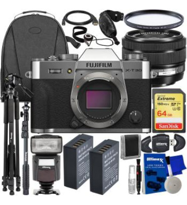 FUJIFILM X-T30 II Mirrorless Camera with XC 15-45mm OIS PZ Lens (Silver) + SanDisk 64GB Extreme SDXC, 2X Spare Batteries, Multi-Coated UV Filter, Universal Speedlite & Much More (27pc Bundle)