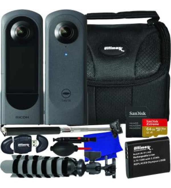 Ricoh THETA X 360° Camera + SanDisk 64GB Extreme microSDXC Memory Card, 1x Replacement Battery, Water-Resistant Gadget Bag & More (13pc Bundle)