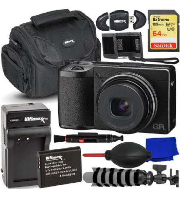 Ricoh GR IIIx Digital Camera + SanDisk 64GB Extreme SDXC Memory Card,Replacement Battery with Rapid Travel Charger, Water-Resistant Gadget Bag, Mini Gripster Tripod & More (16pc Bundle)