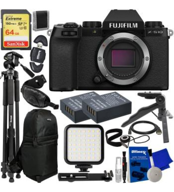 FUJIFILM X-S10 Mirrorless Camera (Body Only) + SanDisk 64GB Extreme SDXC, 2X Extended Life Replacement Batteries, Sling Backpack, Ultra Bright LED Light with Bracket & Much More (23pc Bundle)