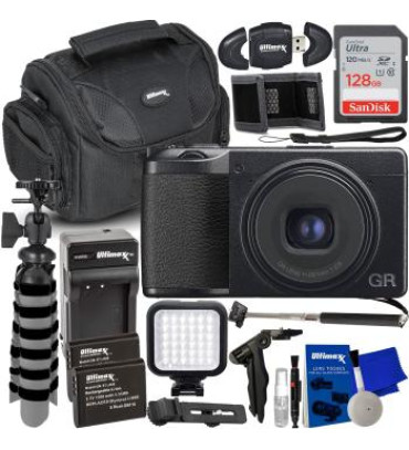 Ricoh GR IIIx Digital Camera + SanDisk 128GB Ultra SDXC Memory Card, 2X Replacement Batteries, LED Light Kit with Mounting Bracket, Selfie Stick & Much More (22pc Bundle)