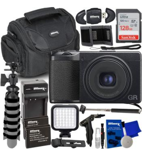 Ricoh GR IIIx Digital Camera + SanDisk 128GB Ultra SDXC Memory Card, 2X Replacement Batteries, LED Light Kit with Mounting Bracket, Selfie Stick & Much More (22pc Bundle)