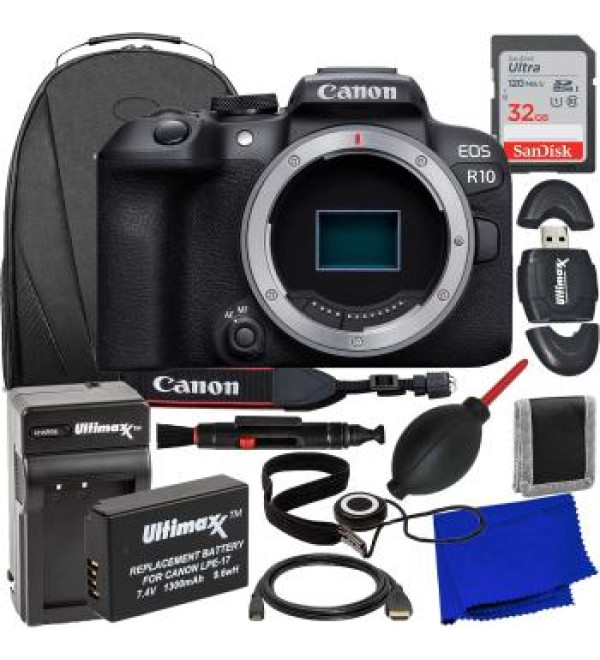Canon EOS R10 Mirrorless Camera (Body Only) + SanDisk 32GB Ultra Memory Card, Spare Battery, Water-Resistant Backpack, Rapid Travel Charger & More (19pc Bundle)