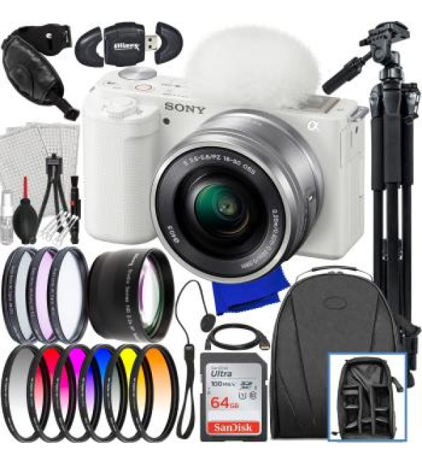 Sony ZV-E10 Mirrorless Camera with 16-50mm Lens (White) + Advanced Accessory Bundle: SanDisk 64GB Ultra SDXC, 60â€ Tripod, 6PC Gradual Color Filter Kit & Much More (33pc Bundle)