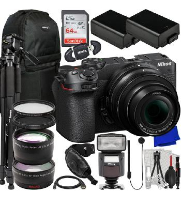 Nikon Z30 Mirrorless Camera with 16-50mm Lens + SanDisk 64GB Ultra SDXC, Universal Speedlite, 60â€ Tripod, 2X Spare Batteries, Sling Camera Backpack & Much More (29pc Bundle)