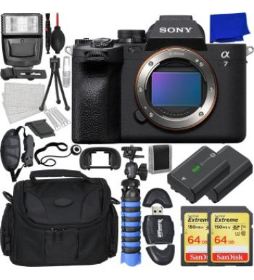 Sony a7 IV Mirrorless Camera (Body Only) with Loaded Accessory Bundle: 2x SanDisk 64GB Extreme Memory Cards, Spare Battery, Water-Resistant Gadget Bag & More (26pc Bundle)