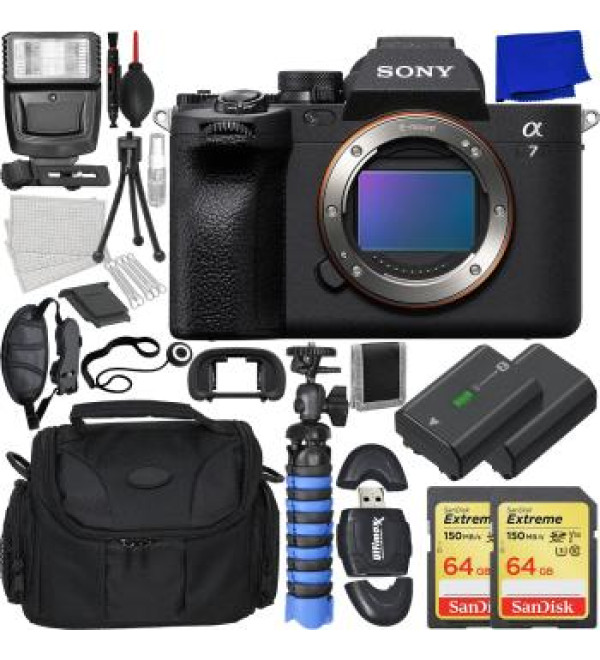 Sony a7 IV Mirrorless Camera (Body Only) with Loaded Accessory Bundle: 2x SanDisk 64GB Extreme Memory Cards, Spare Battery, Water-Resistant Gadget Bag & More (26pc Bundle)