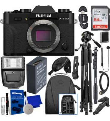 FUJIFILM X-T30 II Mirrorless Camera (Black - Body Only) + SanDisk 64GB Ultra SDXC, Spare Battery, 48â€ Monopod, Lightweight 60â€ Tripod, Digital Flash, Water-Resistant Backpack & Much More (22pc Bundle)