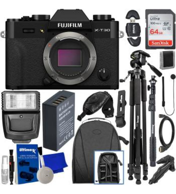 FUJIFILM X-T30 II Mirrorless Camera (Black - Body Only) + SanDisk 64GB Ultra SDXC, Spare Battery, 48â€ Monopod, Lightweight 60â€ Tripod, Digital Flash, Water-Resistant Backpack & Much More (22pc Bundle)