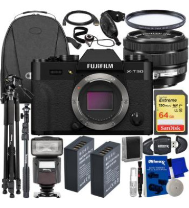 FUJIFILM X-T30 II Mirrorless Camera with XC 15-45mm OIS PZ Lens (Black) + SanDisk 64GB Extreme SDXC, 2X Spare Batteries, Multi-Coated UV Filter, Universal Speedlite & Much More (27pc Bundle)