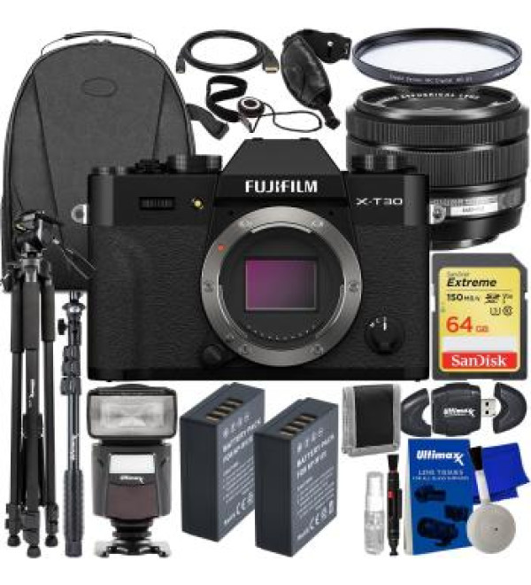 FUJIFILM X-T30 II Mirrorless Camera with XC 15-45mm OIS PZ Lens (Black) + SanDisk 64GB Extreme SDXC, 2X Spare Batteries, Multi-Coated UV Filter, Universal Speedlite & Much More (27pc Bundle)