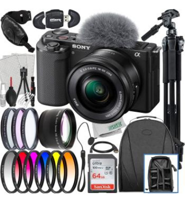 Sony ZV-E10 Mirrorless Camera with 16-50mm Lens (Black) + Advanced Accessory Bundle: SanDisk 64GB Ultra SDXC, 6PC Gradual Color Filter Kit, 60â€ Tripod & Much More (33pc Bundle)