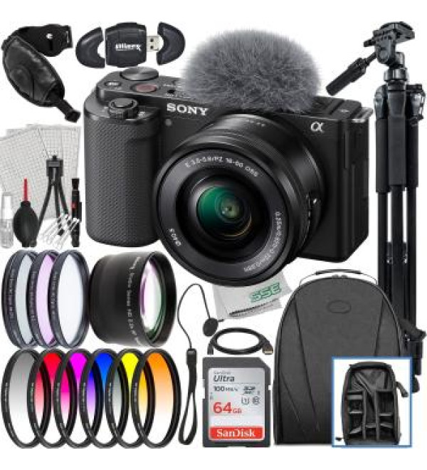 Sony ZV-E10 Mirrorless Camera with 16-50mm Lens (Black) + Advanced Accessory Bundle: SanDisk 64GB Ultra SDXC, 6PC Gradual Color Filter Kit, 60â€ Tripod & Much More (33pc Bundle)