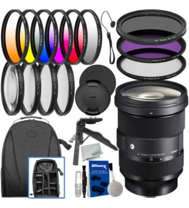 Sigma 24-70mm f/2.8 DG DN Art Lens for Sony E with Deluxe Accessory Bundle: 6PC Gradual Color Filter Kit, 3PC Professional UV Filter Kit, Water Resistant Backpack, Tabletop Tripod & Much More