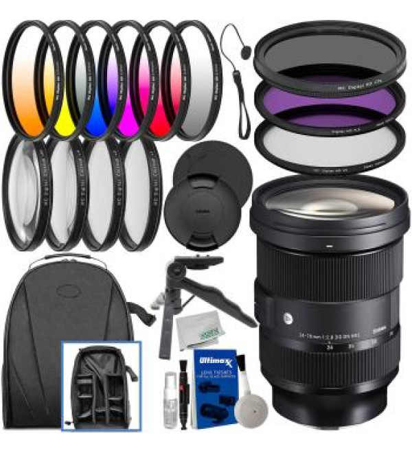 Sigma 24-70mm f/2.8 DG DN Art Lens for Sony E with Deluxe Accessory Bundle: 6PC Gradual Color Filter Kit, 3PC Professional UV Filter Kit, Water Resistant Backpack, Tabletop Tripod & Much More