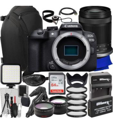 Canon EOS R10 Mirrorless Camera with 18-150mm Lens + Canon 100s Sling Camera Backpack, SanDisk 64GB Ultra SDXC, LED Video Light, Hand/Wrist Strap & Much More (37pc Bundle)