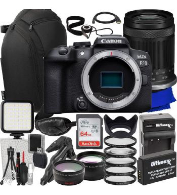 Canon EOS R10 Mirrorless Camera with 18-150mm Lens + Canon 100s Sling Camera Backpack, SanDisk 64GB Ultra SDXC, LED Video Light, Hand/Wrist Strap & Much More (37pc Bundle)